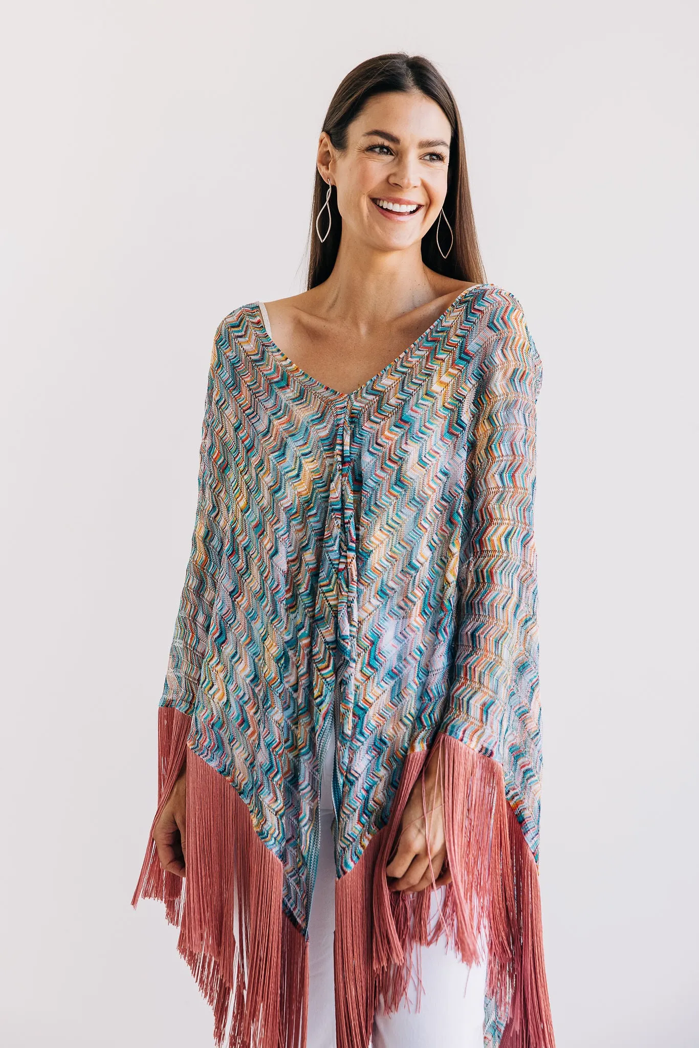 Blue Chevron Rose Fringe Poncho - One Size