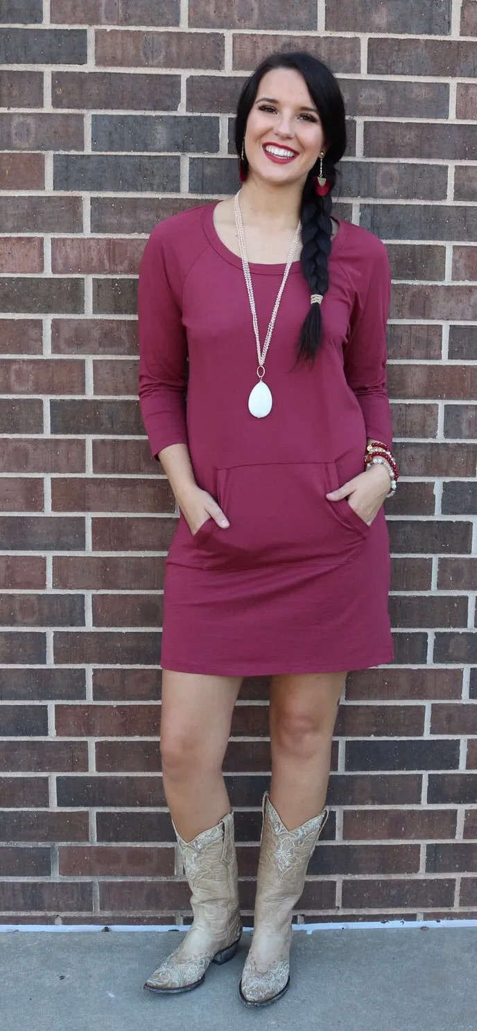 BOBI Bordeaux SAVAGE Supreme Jersey Kanga Pocket Supreme Jersey Quarter Sleeve Tunic Dress