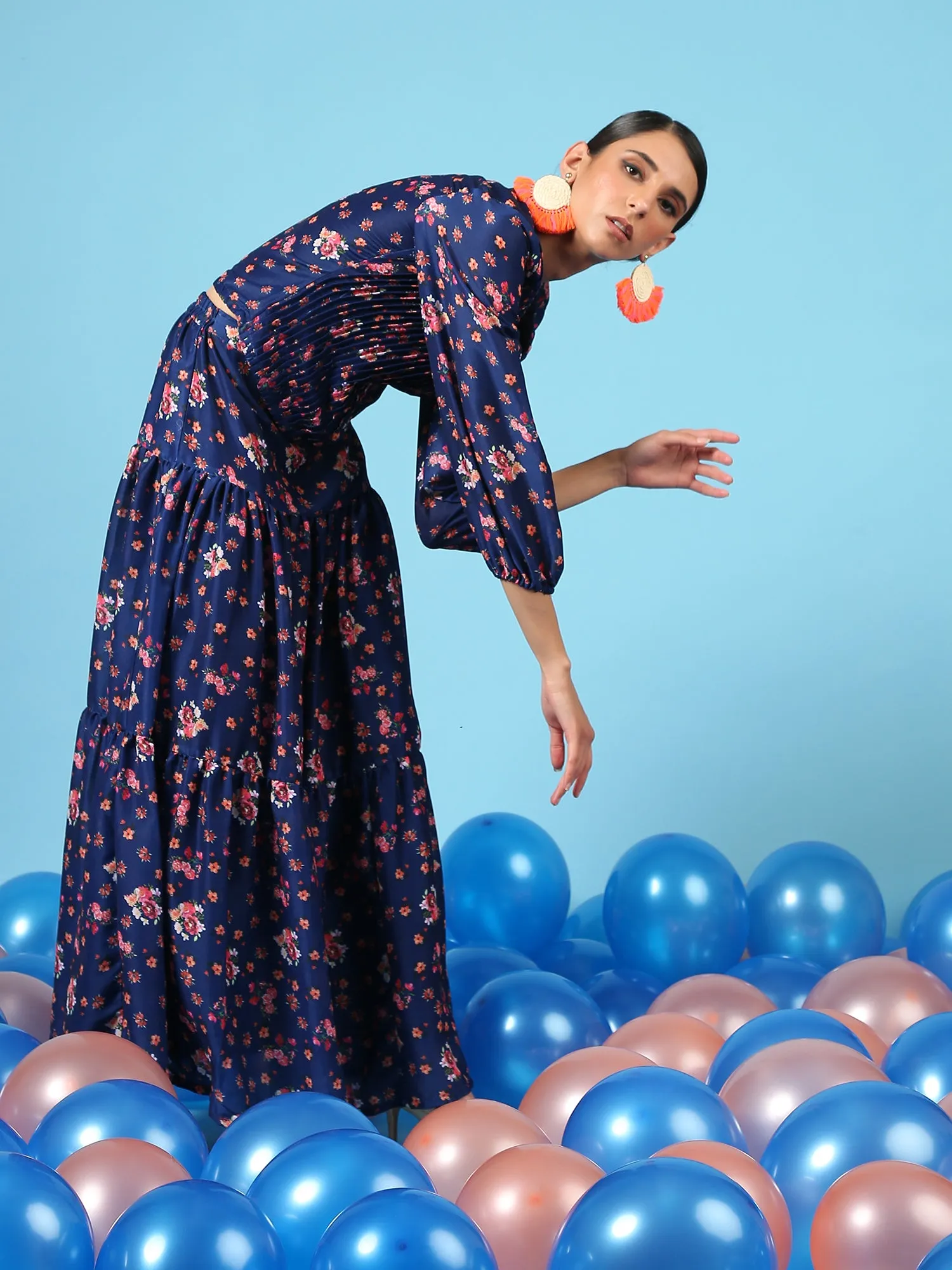 Bouquet On Blue Top - Blue Digital Printed Cotton Silk Blouson Top