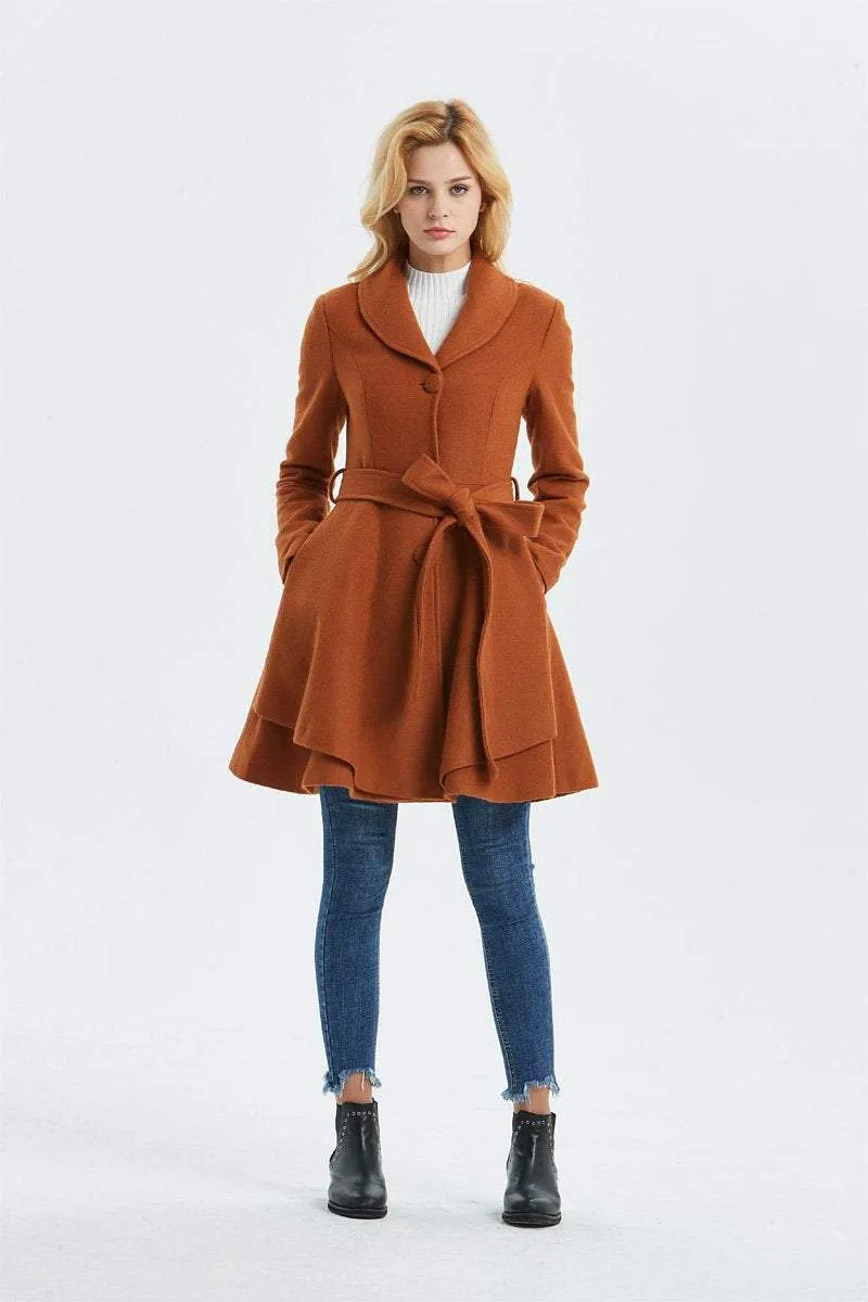 Brown wool coat, winter coat, womens coat, midi coat, princess coat, belted coat, coat with pocket, fashion coat, warm coat, cute coat C1326