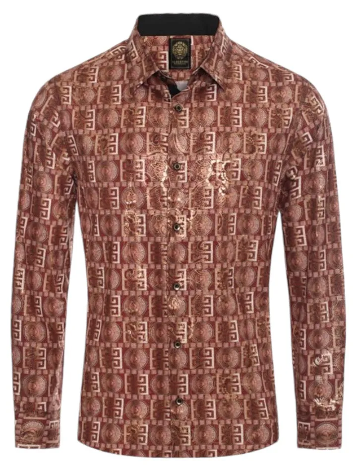 Burgundy-Gold Paisley Luxury Design Men's Long Sleeve Vintage Shirt Regular-Fit Style No: 2421