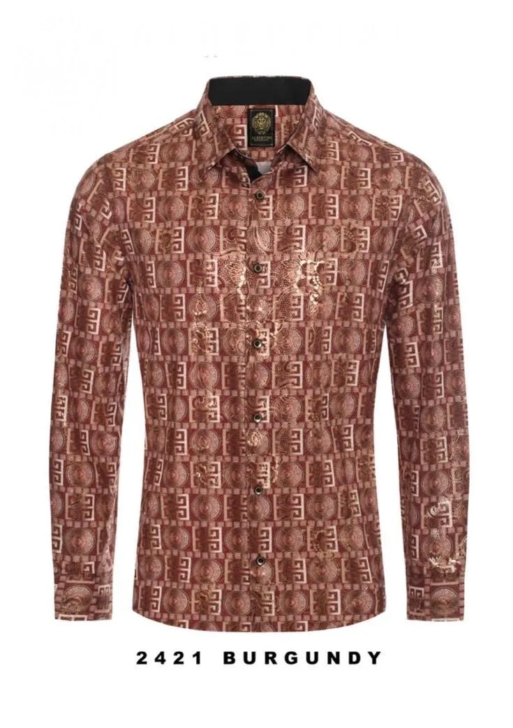 Burgundy-Gold Paisley Luxury Design Men's Long Sleeve Vintage Shirt Regular-Fit Style No: 2421