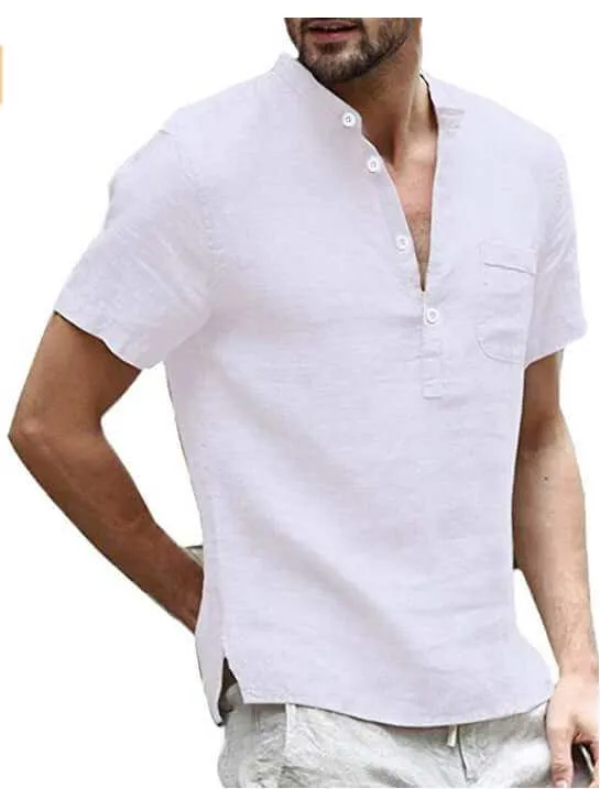 Casual Linen Solid Color Shirt Button V Neck Men Summer Tops