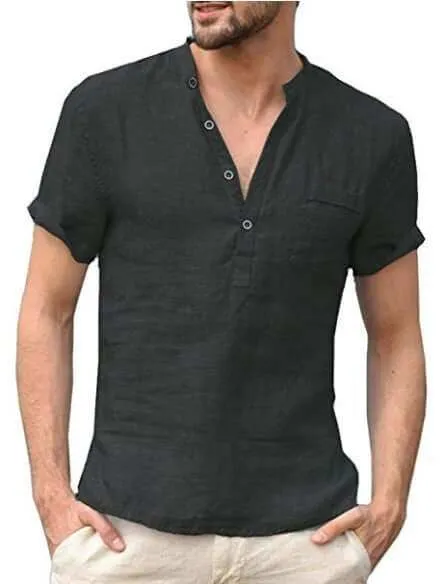 Casual Linen Solid Color Shirt Button V Neck Men Summer Tops