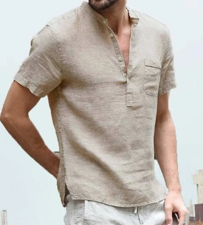 Casual Linen Solid Color Shirt Button V Neck Men Summer Tops