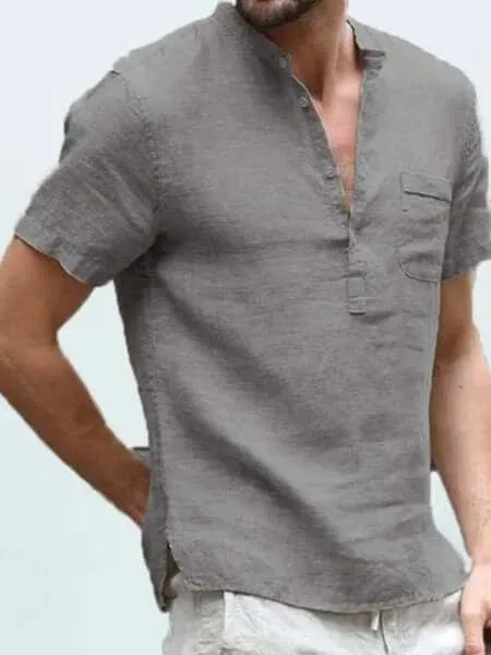 Casual Linen Solid Color Shirt Button V Neck Men Summer Tops