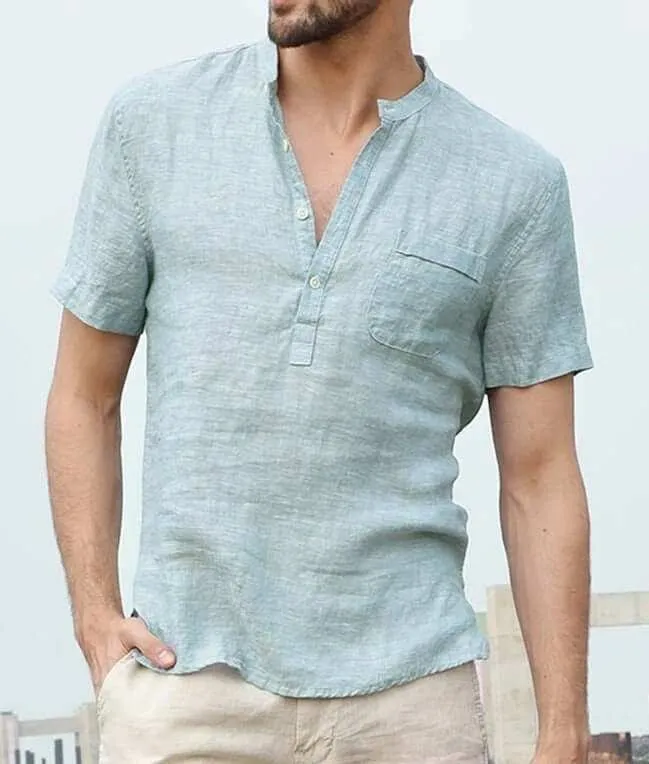 Casual Linen Solid Color Shirt Button V Neck Men Summer Tops