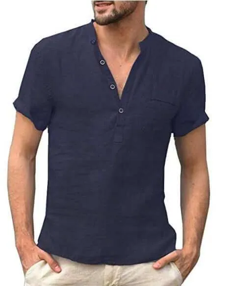 Casual Linen Solid Color Shirt Button V Neck Men Summer Tops