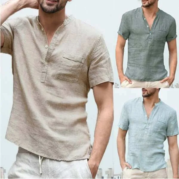 Casual Linen Solid Color Shirt Button V Neck Men Summer Tops