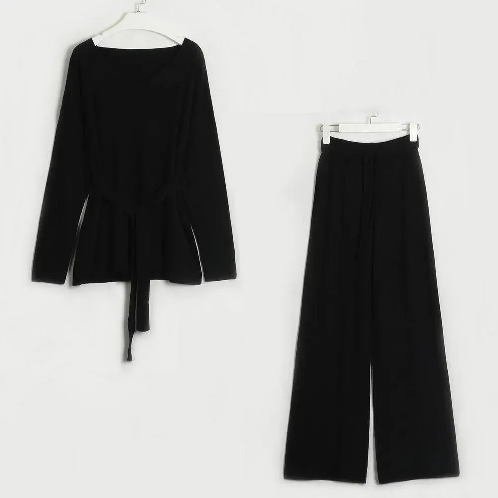 Casual V-neck Knitted Two Piece Pant Set