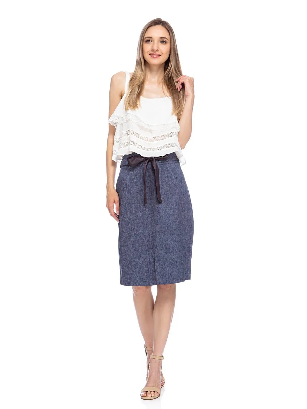 Chambray High-Waist Pencil Skirt