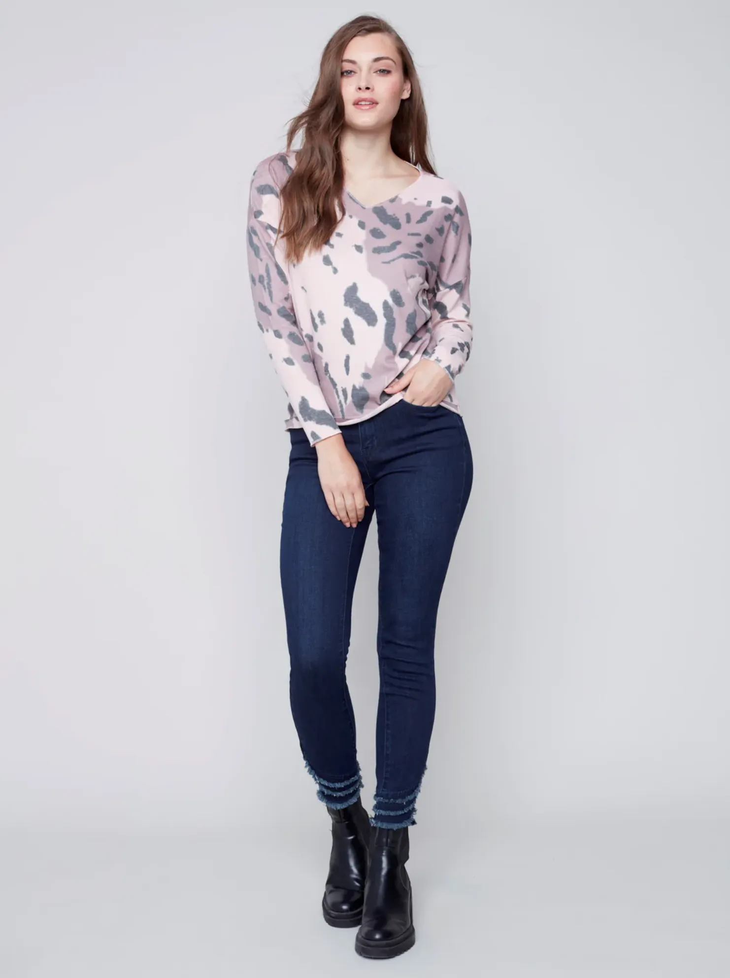 Charlie B - V-Neck Drop Shoulder Printed Top - Raspberry