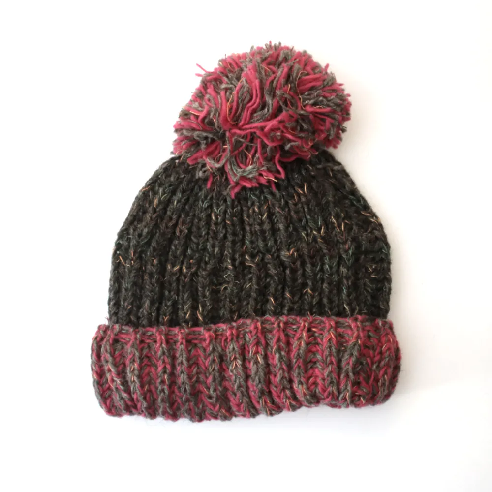 chunky knitted contrast brim bobble hat