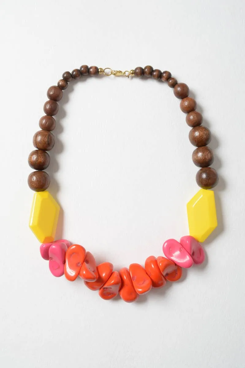 Chunky Neon and Wood Beaded Statement Necklace