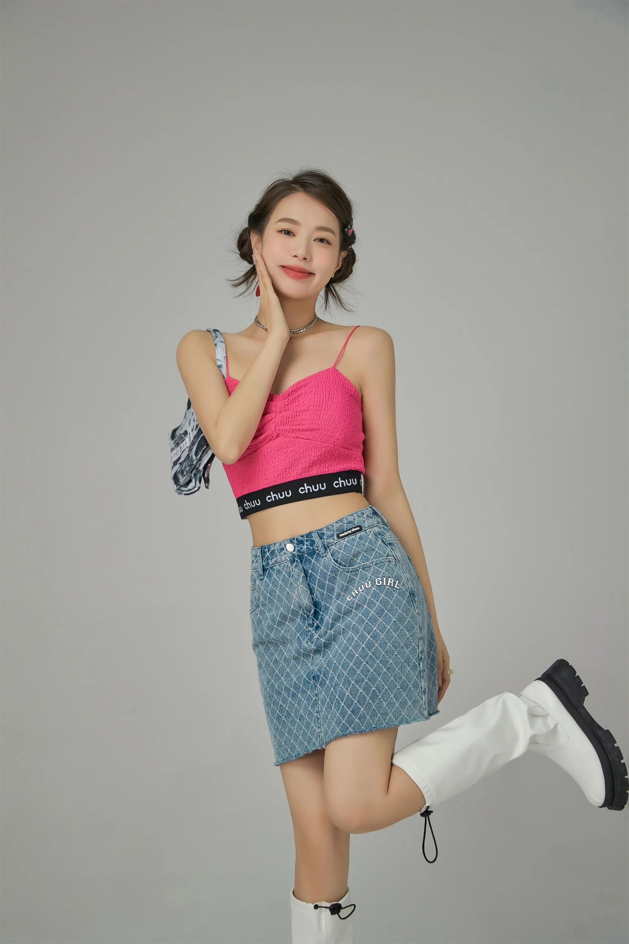 Chuu Girl Diamond Check Denim Skirt