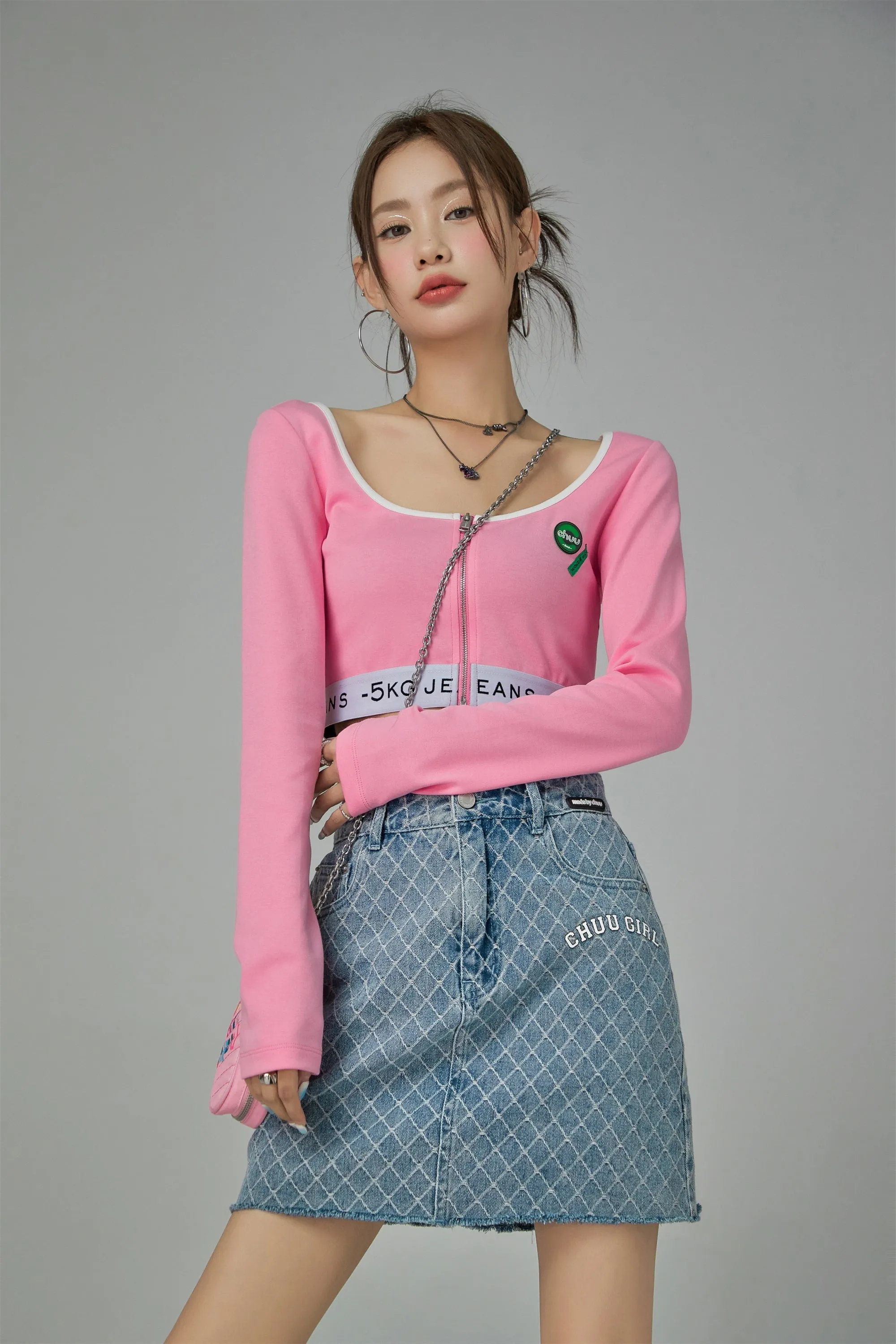 Chuu Girl Diamond Check Denim Skirt