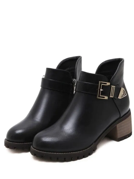 Cool Buckle Strap Mid Block Heel Short Boots