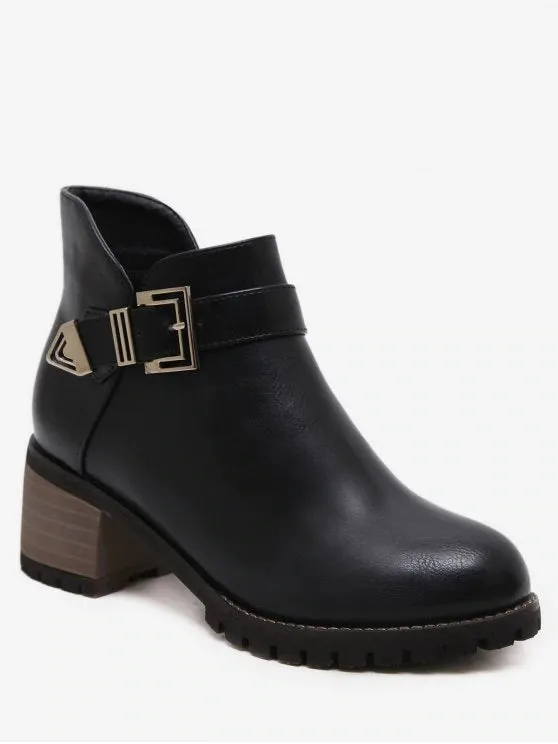 Cool Buckle Strap Mid Block Heel Short Boots