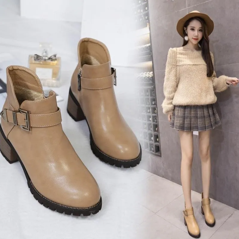 Cool Buckle Strap Mid Block Heel Short Boots