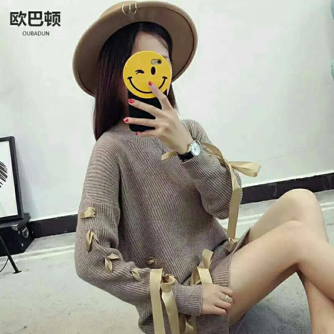 Crew Neck Straps Lace Up Loose Long Sleeves Women Knit Sweater