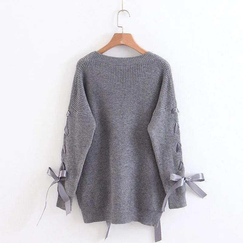 Crew Neck Straps Lace Up Loose Long Sleeves Women Knit Sweater