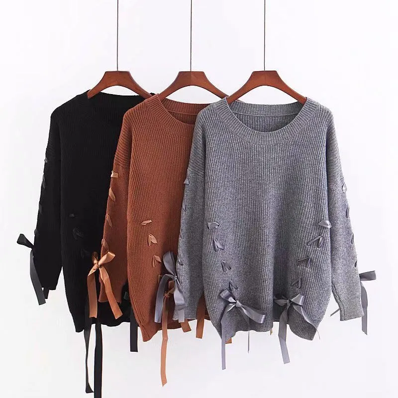 Crew Neck Straps Lace Up Loose Long Sleeves Women Knit Sweater