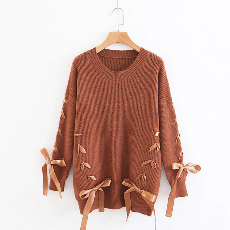 Crew Neck Straps Lace Up Loose Long Sleeves Women Knit Sweater