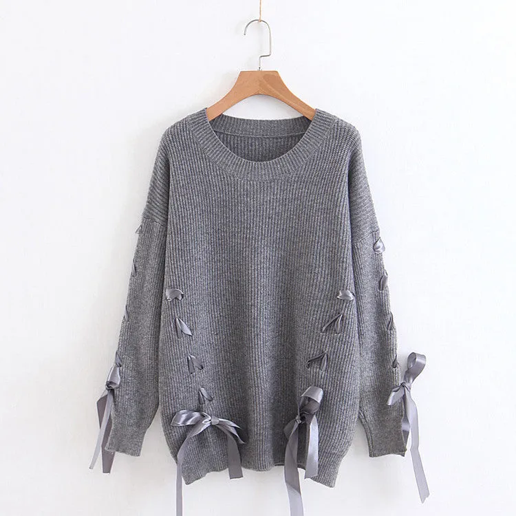 Crew Neck Straps Lace Up Loose Long Sleeves Women Knit Sweater