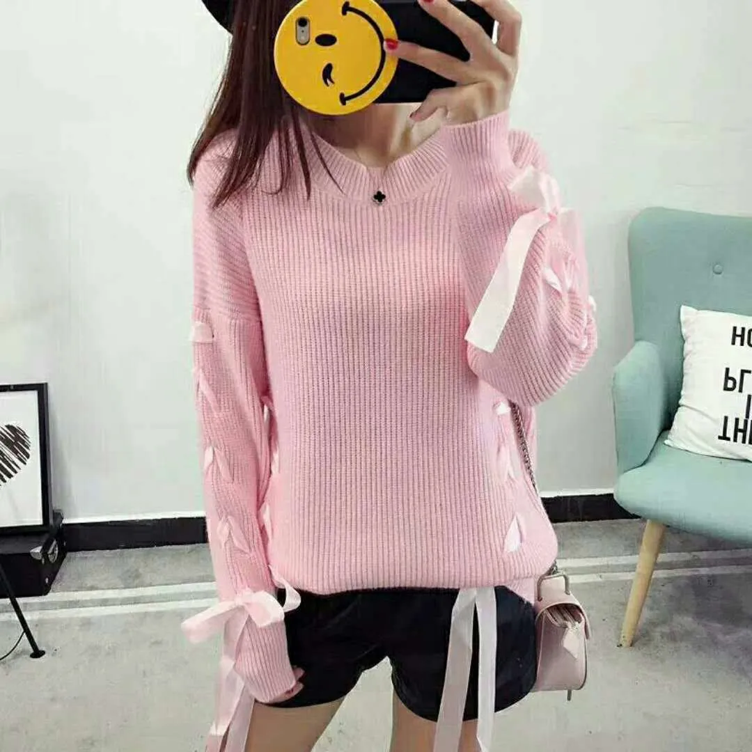 Crew Neck Straps Lace Up Loose Long Sleeves Women Knit Sweater