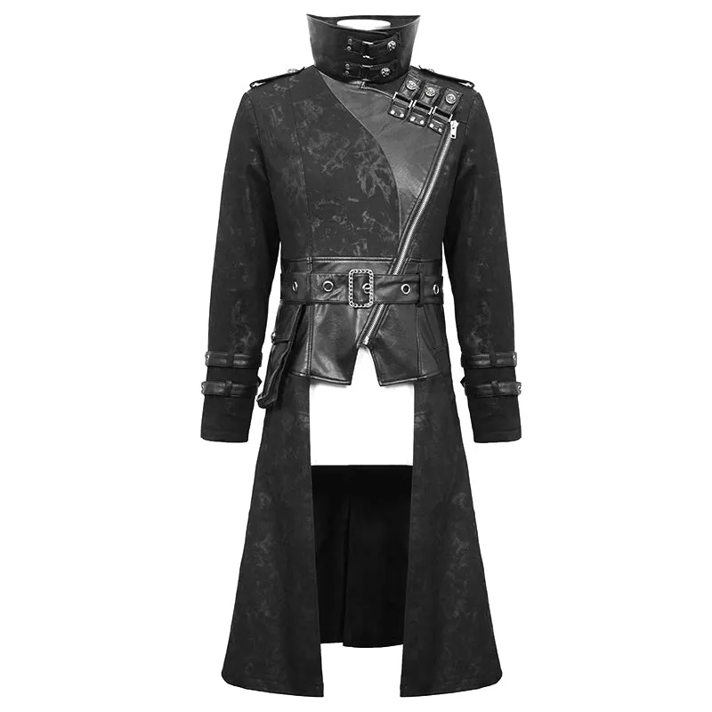 CT143 winter military uniform open collar printed punk men belted long coat with bag