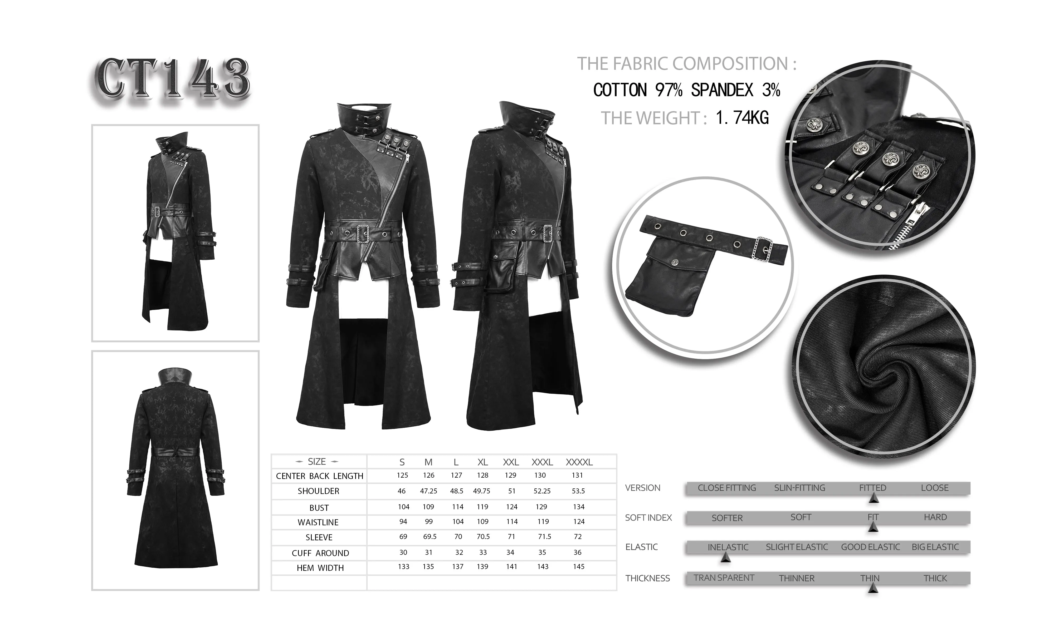 CT143 winter military uniform open collar printed punk men belted long coat with bag