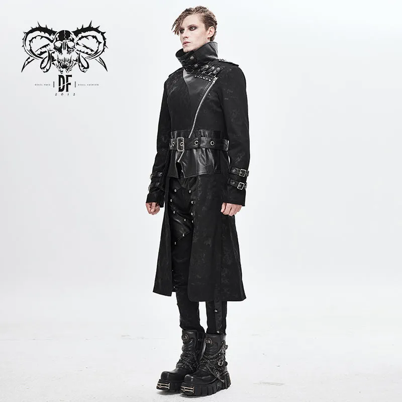 CT143 winter military uniform open collar printed punk men belted long coat with bag