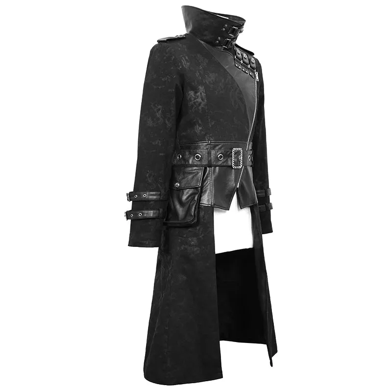 CT143 winter military uniform open collar printed punk men belted long coat with bag