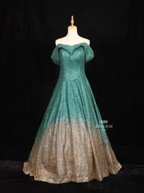 Dark Green Glitter Net Off-Shoulder Gown