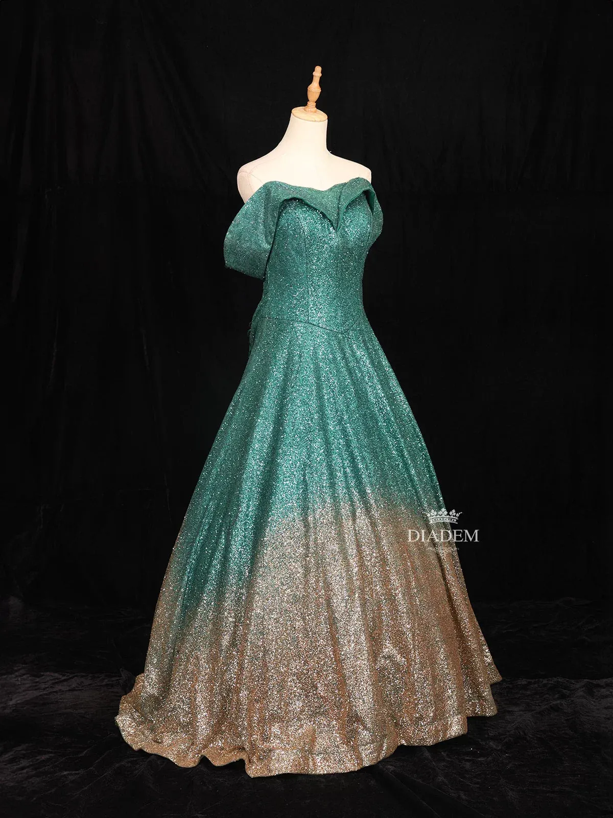 Dark Green Glitter Net Off-Shoulder Gown