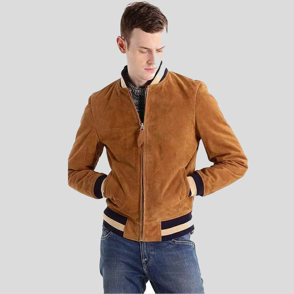 Deon Brown Suede Bomber Leather Jacket for Men