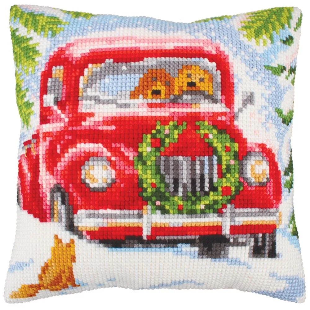 DIY Collection D'Art Christmas Red Truck Chunky Needlepoint 16" Pillow Top Kit