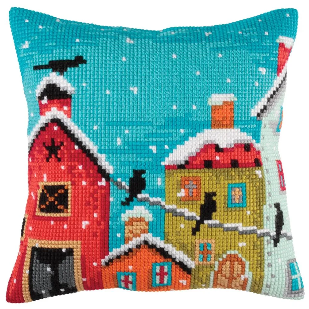 DIY Collection D'Art Winter Morning Houses Chunky Needlepoint 16" Pillow Top Kit