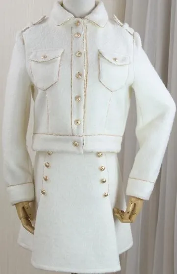 Embellished White Wool-Blend Jacket and Skirt Set