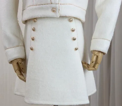 Embellished White Wool-Blend Jacket and Skirt Set