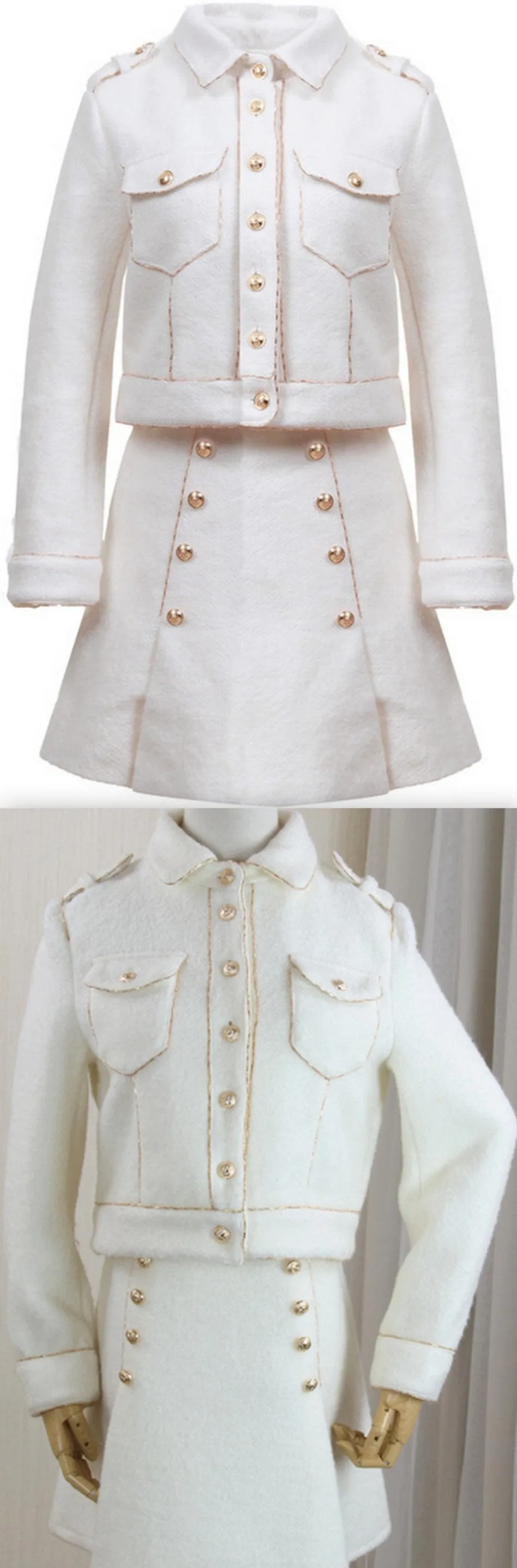 Embellished White Wool-Blend Jacket and Skirt Set