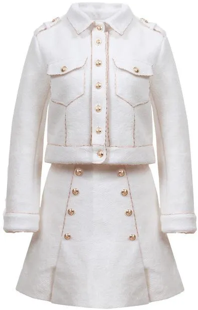 Embellished White Wool-Blend Jacket and Skirt Set