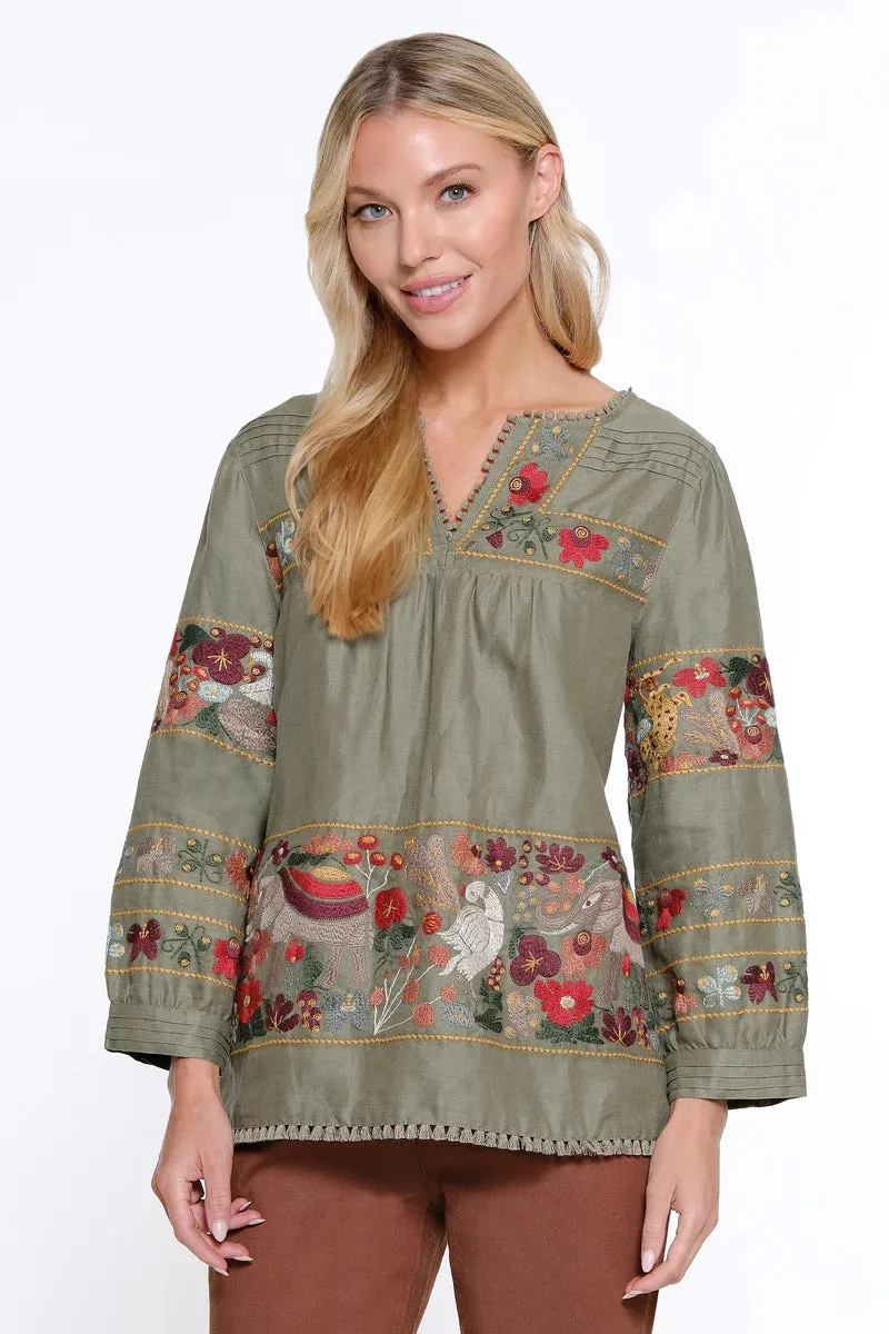 Embroidered Tunic with Pintuck Detail- Olive