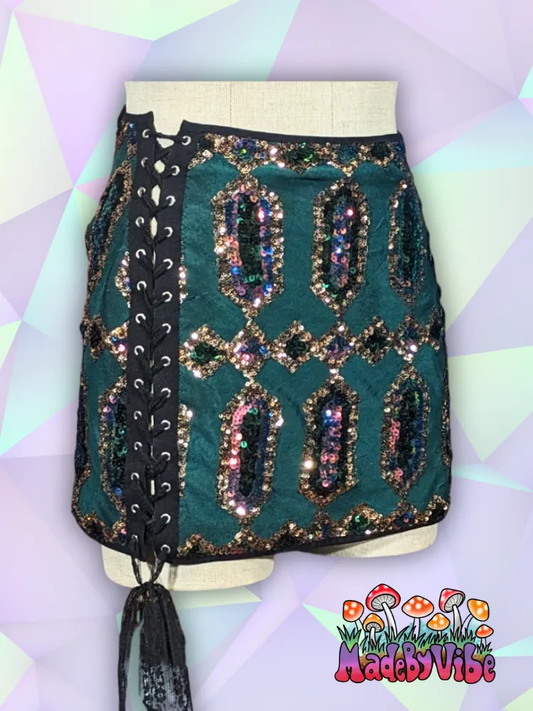 Emerald Nightfall Lace Up Sides Mini Pencil Skirt - Ready to Ship