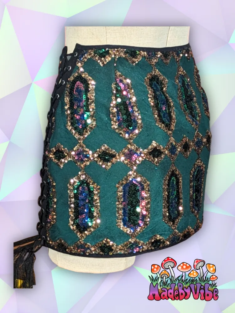 Emerald Nightfall Lace Up Sides Mini Pencil Skirt - Ready to Ship