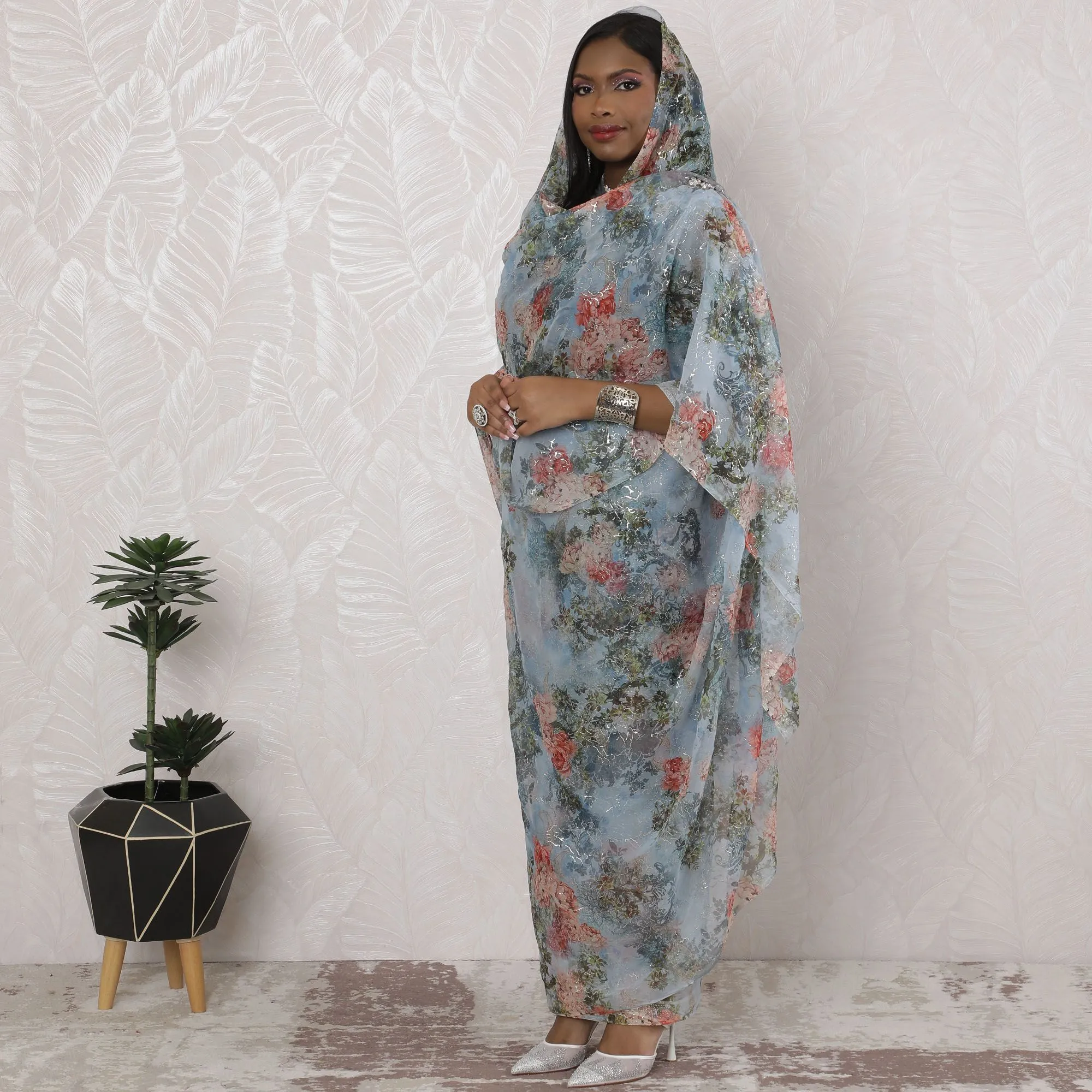 Ethereal Traditional Sudanese Thobe - Silk Chiffon, 110cm, Winter Floral, 4.5 Mtrs-D18435