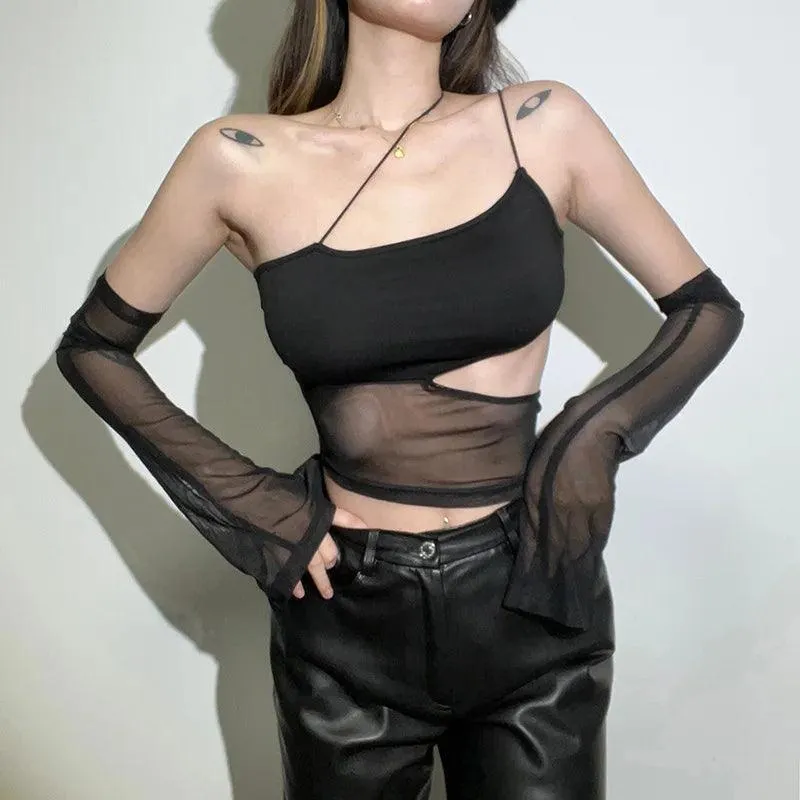 Fairy Grunge Mesh Crop Top: Edgy Asymmetrical Fashion Edge