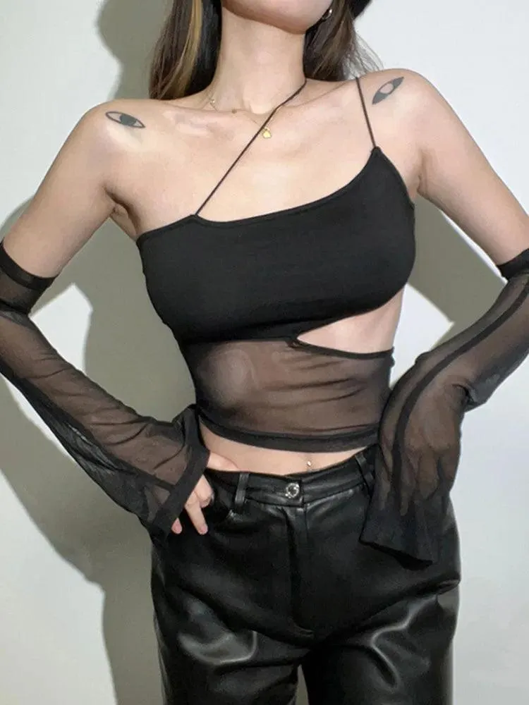 Fairy Grunge Mesh Crop Top: Edgy Asymmetrical Fashion Edge