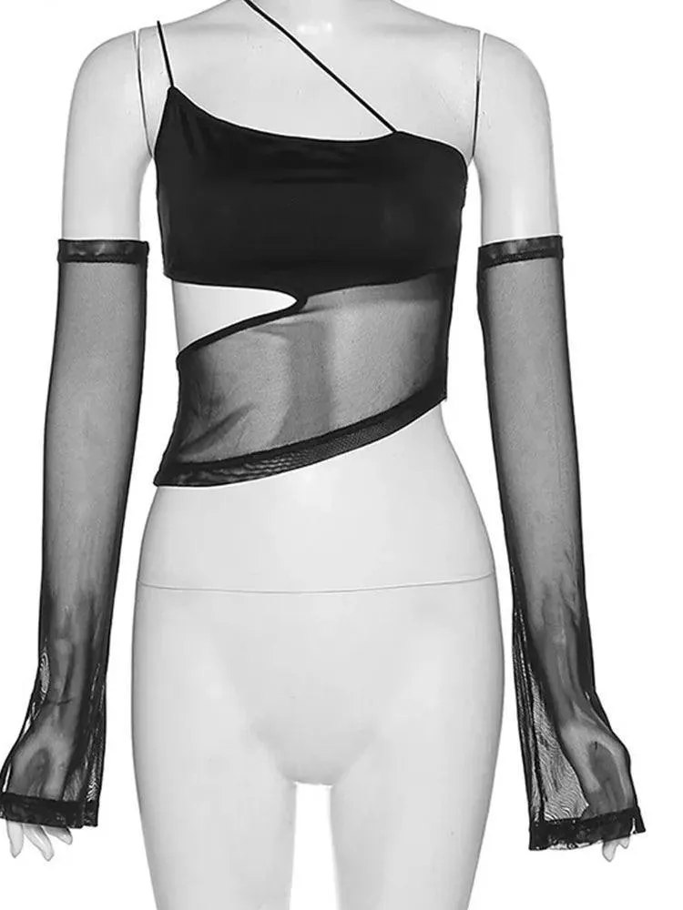 Fairy Grunge Mesh Crop Top: Edgy Asymmetrical Fashion Edge