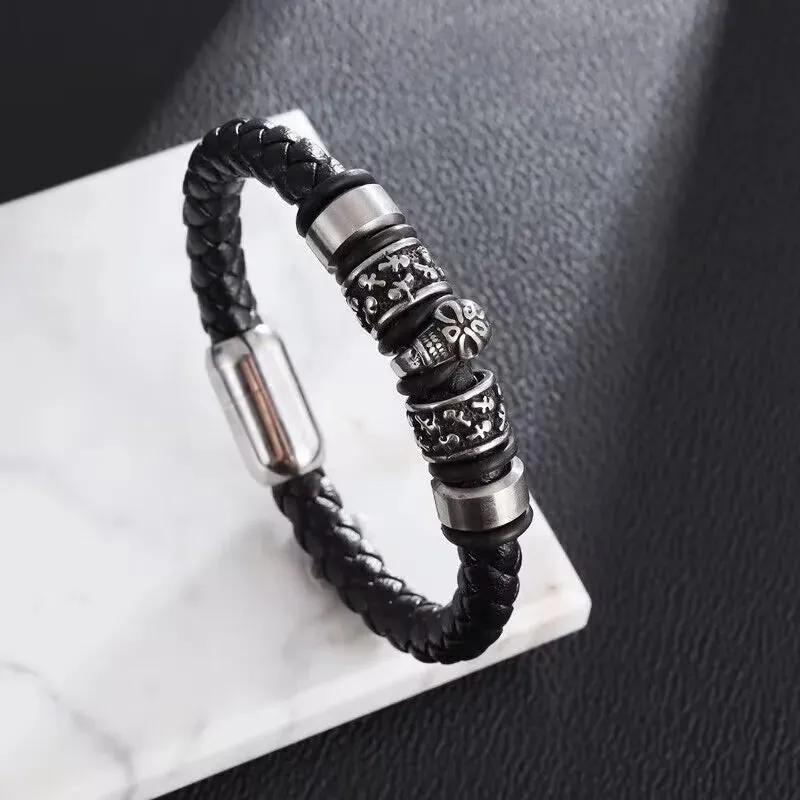 Fashion Hip Hop Rock Skull Leather Bracelet Personality Motorcycle Bike Silver Color Bracelet for Men Jewelry